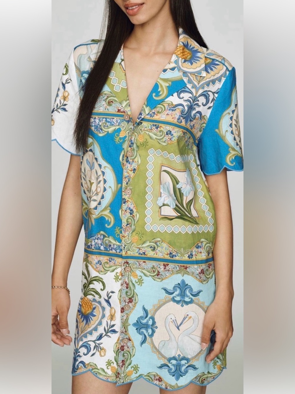 FARM Rio Blue & Green Floral Tile-Print Button-Down Dress New!
